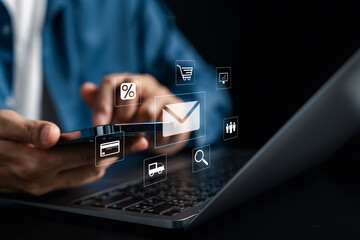 Email marketing for online promotion, customer engagement, and new product launch. Highlighting digital communication, targeted advertising, and sales strategy through mobile and internet platforms.