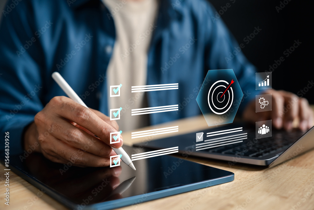 Aufkleber Target planning and goal setting for business success, digital checklist and dartboard on tablet screen. Ideal for strategy, achievement, task tracking, and productivity workflow