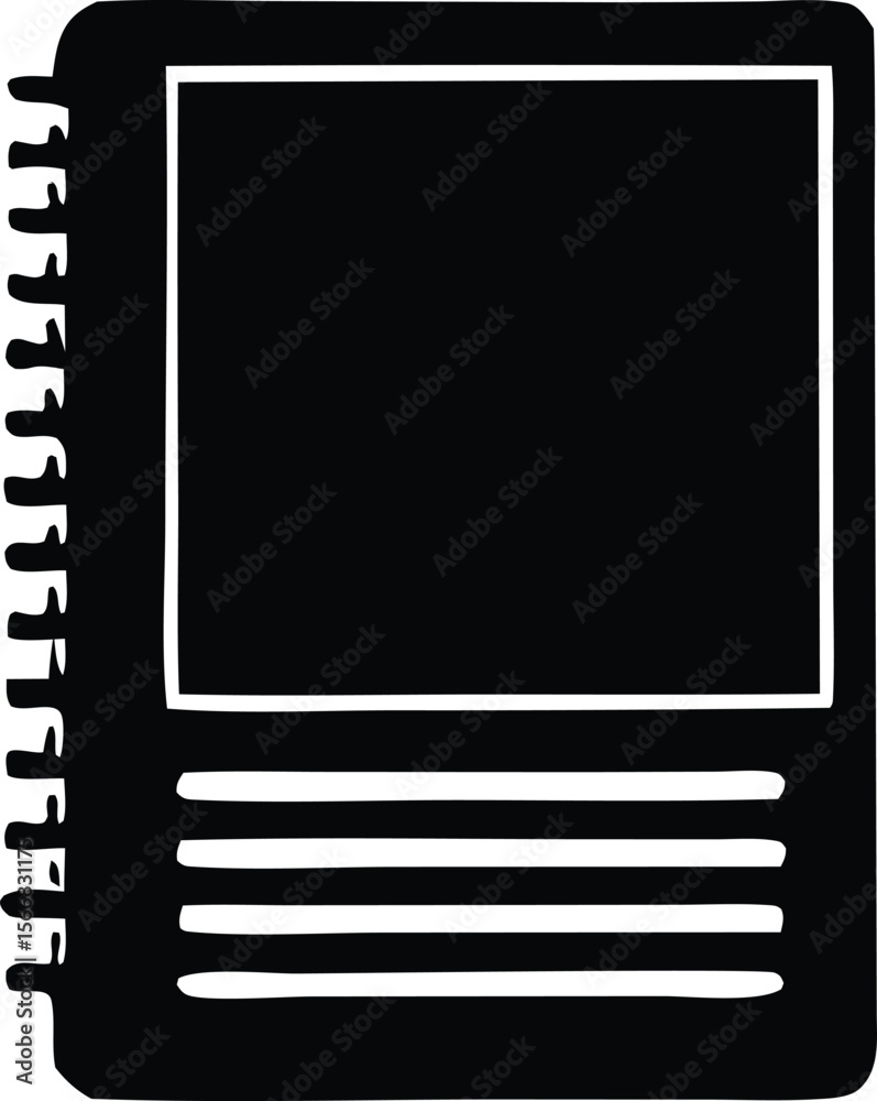 Poster simple black silhouette of an open spiral bound notebook with blank pages and a lined section at the