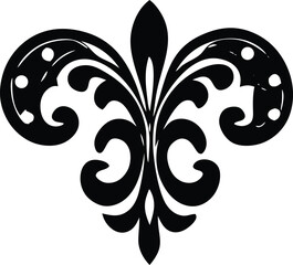 Elegant black fleur de lis ornament with swirling decorative elements and circular accents on a white background © PrimeVector Art