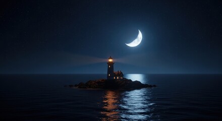 Fototapeta premium Lighthouse at Night with Crescent Moon