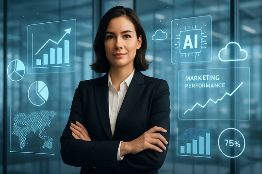 Confident businesswoman with futuristic ai and marketing data visualizations