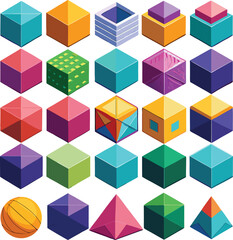Fototapeta premium A vibrant collection of isometric 3d geometric shapes and a basketball presented on a clean white background