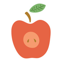 Red apple cut, half, Rosh Hashanah symbol, isolated on transparent. Hand drawn flat vector illustration. Traditional Hebrew New Year clip art, seasonal summer, autumn fruit design element