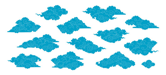 Line drawing Asian clouds collection isolated, blue on transparent. Hand drawn vector illustration. Chinese, Japanese, Korean design elements, clip art set. Traditional Buddhist thangka art