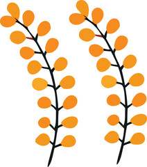 Two stylized branches with oval orange leaves and dark stems against a white background evoking autumn or nature themes