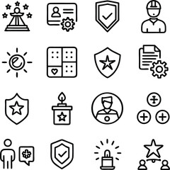 Collection of diverse line art icons representing achievement recognition safety and teamwork concepts