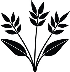 Stylized black silhouette of three wheat stalks with broad leaves against a white background