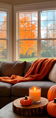 Vertical Close up of autumn decorations. Modern minimalist living room styled for fall.