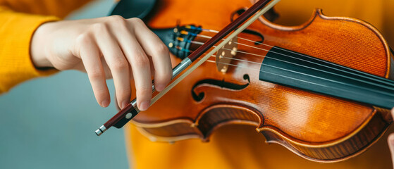 Fototapeta premium music education with instrument learning and skill development. Young student practicing scales on a violin, developing finger dexterity and intonation skills
