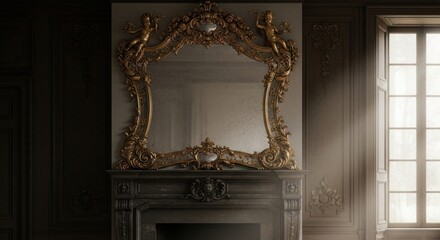 Sunbeams illuminate an elegant, dark classic interior with a vintage golden mirror over a fireplace.