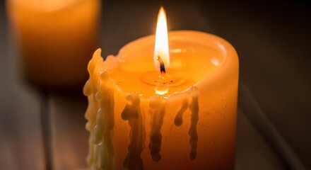 A single burning pillar candle with a bright, warm flame illuminates melting wax drips, creating a serene and cozy ambiance.
