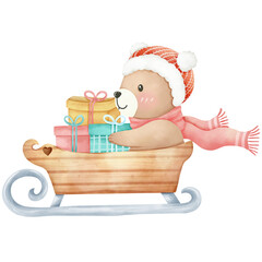 Hand-painted watercolor Christmas themed bear cartoon