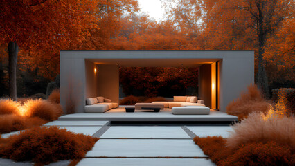 Modern room with organic textures and open space layout, complemented by a serene garden view