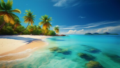 a picturesque tropical island featuring a white sandy beach turquoise waters lush palm trees travel vocation relaxation exotic getaways in a natural ocean sea coast cover generative ai content