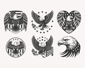 Obraz premium Patriotic American Eagle Designs with USA Flags, Hearts, Stars, and National Symbols Representing Freedom and Strength