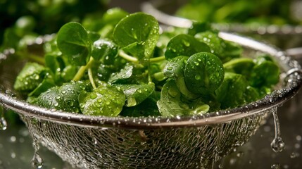 Fresh watercress draining in colander