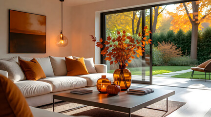 Stylish contemporary living room with autumn themed decor and abundant natural light