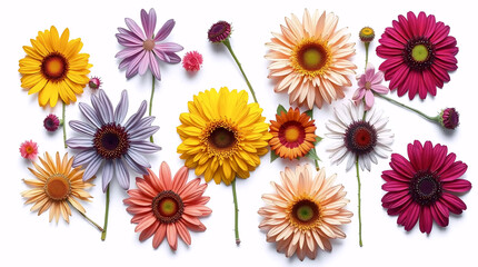 arrangement of bright daisy flowers in warm tones on a white background