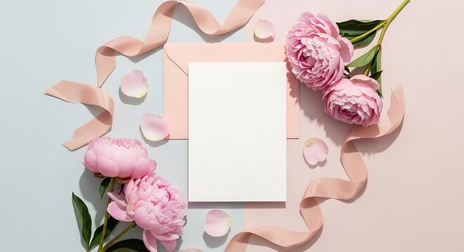 Elegant Pink Peonies and Blank Card Mockup Wedding Invitation Design Inspiration