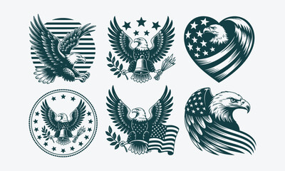 Obraz premium Patriotic Eagle Designs with USA Flags, Stars, and Shields Representing National Pride, Freedom, and Strength