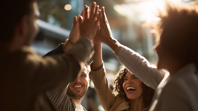 Four people are high-fiving each other - Powered by Adobe