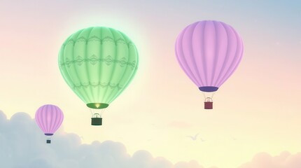 Fototapeta premium Dreamy balloon flight: pastel air balloons against a soft, colorful sky, symbolizing freedom and adventure.