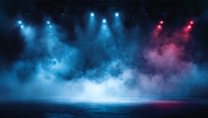 Abstract concept of a performance venue with an empty stage, vibrant blue and red spotlights, and theatrical smoke.