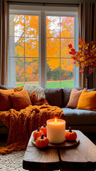 Modern minimalist living room styled for fall.Vertical view .Copy space