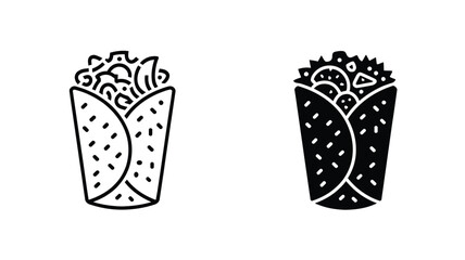Two burrito icons one in outline and one in solid black with white background illustration