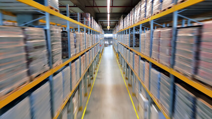 In a busy cargo warehouse, operators manage towering shelves filled with global supplies. The motion blur, captured with a panning effect, highlights efficiency and seamless logistics.