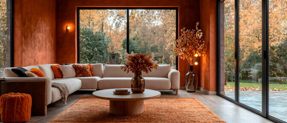 Elegant home design that blends indoor comfort with outdoor warmth, using warm color palettes