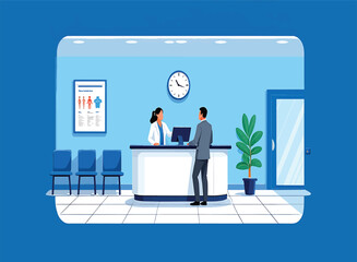 Medical Receptionist and Patient at Clinic Reception Desk