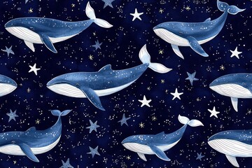A repeating pattern of stylized whales in a deep navy blue starry night sky
