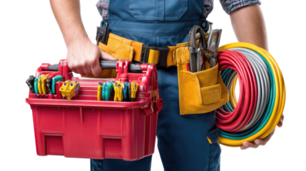 The Electrician at Work: A skilled tradesperson, dressed in practical overalls, confidently holds a toolbox and wires, a symbol of expertise and reliability in the field. 