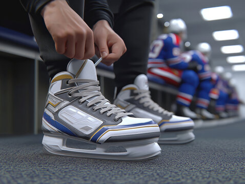 Ice hockey player lacing up modern skates in locker room, surrounded by teammates in uniforms, preparing for game, showcasing athleticism and team spirit - Powered by Adobe