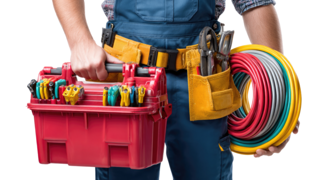 The Electrician at Work: A skilled tradesperson, dressed in practical overalls, confidently holds a toolbox and wires, a symbol of expertise and reliability in the field. 
