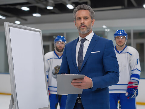 Professional coach in a blue suit stands confidently with a clipboard, addressing ice hockey players in uniforms, demonstrating leadership and strategy in a sports environment