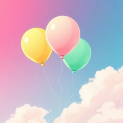 Whimsical balloons float amidst pastel skies and fluffy clouds, creating a lighthearted and cheerful scene.