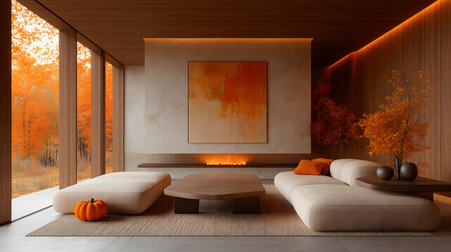 Elegant living room with fall themed decoration. Interior design.