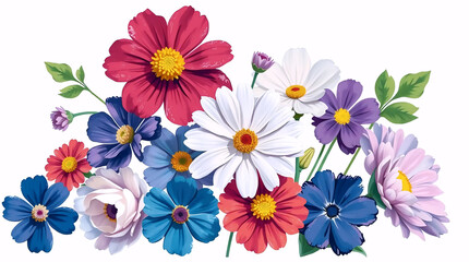 vibrant floral composition with red, purple and white daisy-like flowers arranged in a cluster