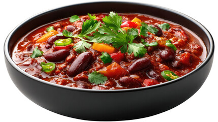 Fototapeta premium Bowl of chili:A close-up shot of a tempting bowl of hearty chili, brimming with red beans, colorful vegetable, and fragrant herb.