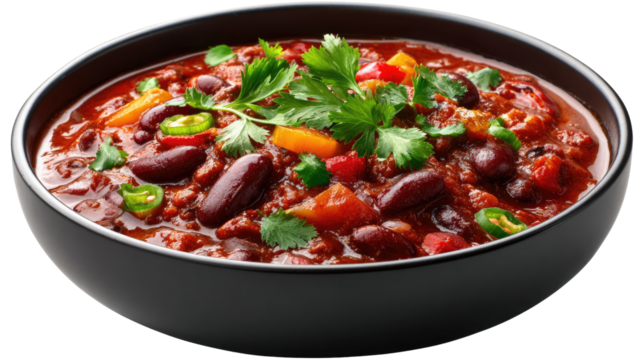 Bowl of chili:A close-up shot of a tempting bowl of hearty chili, brimming with red beans, colorful vegetable, and fragrant herb.