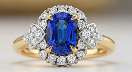 A close-up view of a stunning sapphire and diamond ring, featuring a large oval-cut sapphire surrounded by a halo of smaller diamonds.