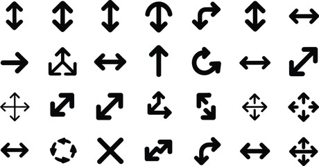 A collection of various black arrow icons arranged in rows on a light background with soft lighting effects