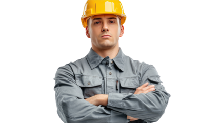 Engineer in Yellow Hat: An engineer confidently poses with arms crossed, a symbol of expertise, authority, and dedication to his profession. Wearing a bright yellow safety helmet.