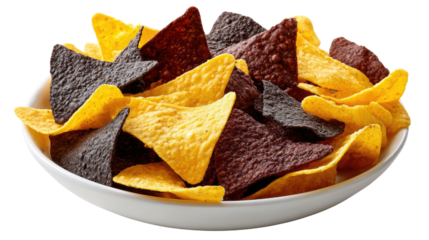 Tri-Color Delight: A vibrant assortment of crispy tortilla chips, showcasing a tantalizing combination of yellow, blue, and red corn, is artfully arranged within a pristine bowl.