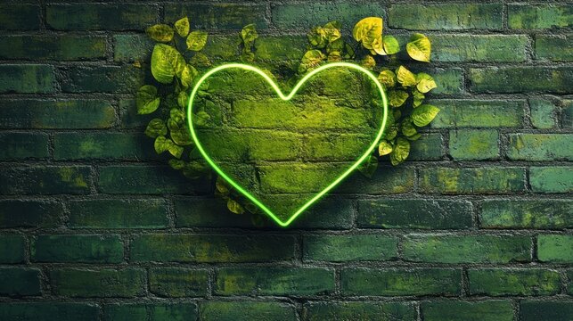 Bright neon heart glows against a weathered brick wall with vibrant green foliage