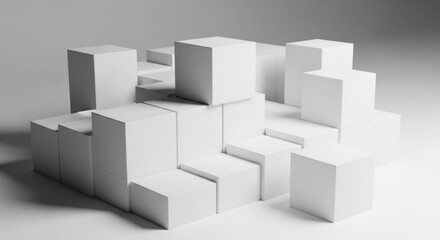 Abstract arrangement of many white cubes, creating a three-dimensional, geometric composition.