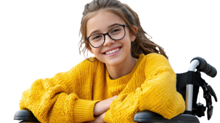 Girl in Wheelchair: A smiling young girl with glasses sitting in a wheelchair, exuding confidence and happiness. The image conveys strength, resilience, and an uplifting spirit. 